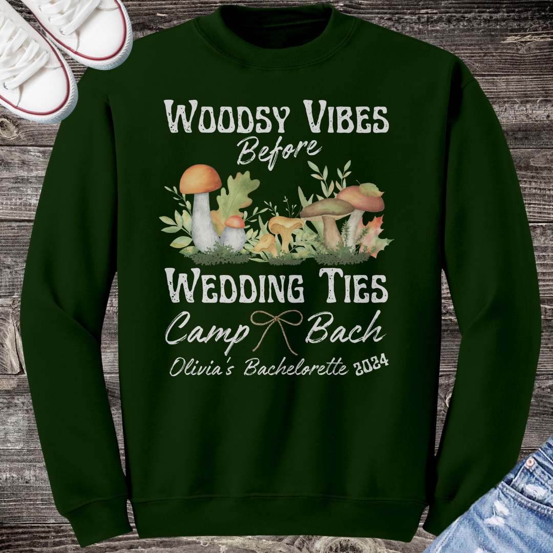 Custom Camp Bachelorette Fall Sweatshirt, Woodsy Vibes Before Wedding Ties with Watercolor Mushrooms, Bride to Be Gift for Her