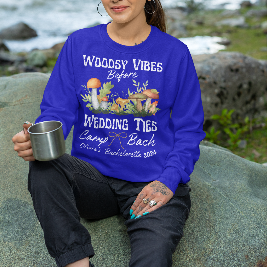 Custom Camp Bachelorette Fall Sweatshirt, Woodsy Vibes Before Wedding Ties with Watercolor Mushrooms, Bride to Be Gift for Her