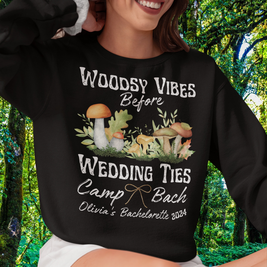 Custom Camp Bachelorette Fall Sweatshirt, Woodsy Vibes Before Wedding Ties with Watercolor Mushrooms, Bride to Be Gift for Her