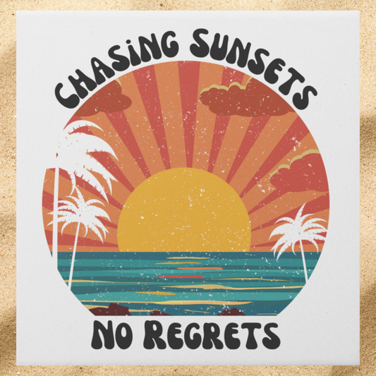 Chasing Sunsets No Regrets Coasters, Beach Decor, Bar Coasters, Sunset Coasters, Palm Tree Coasters, Ocean Decor, Surf Coasters, Beach Coasters, Tropical Drink Coaster, House-warming Gift