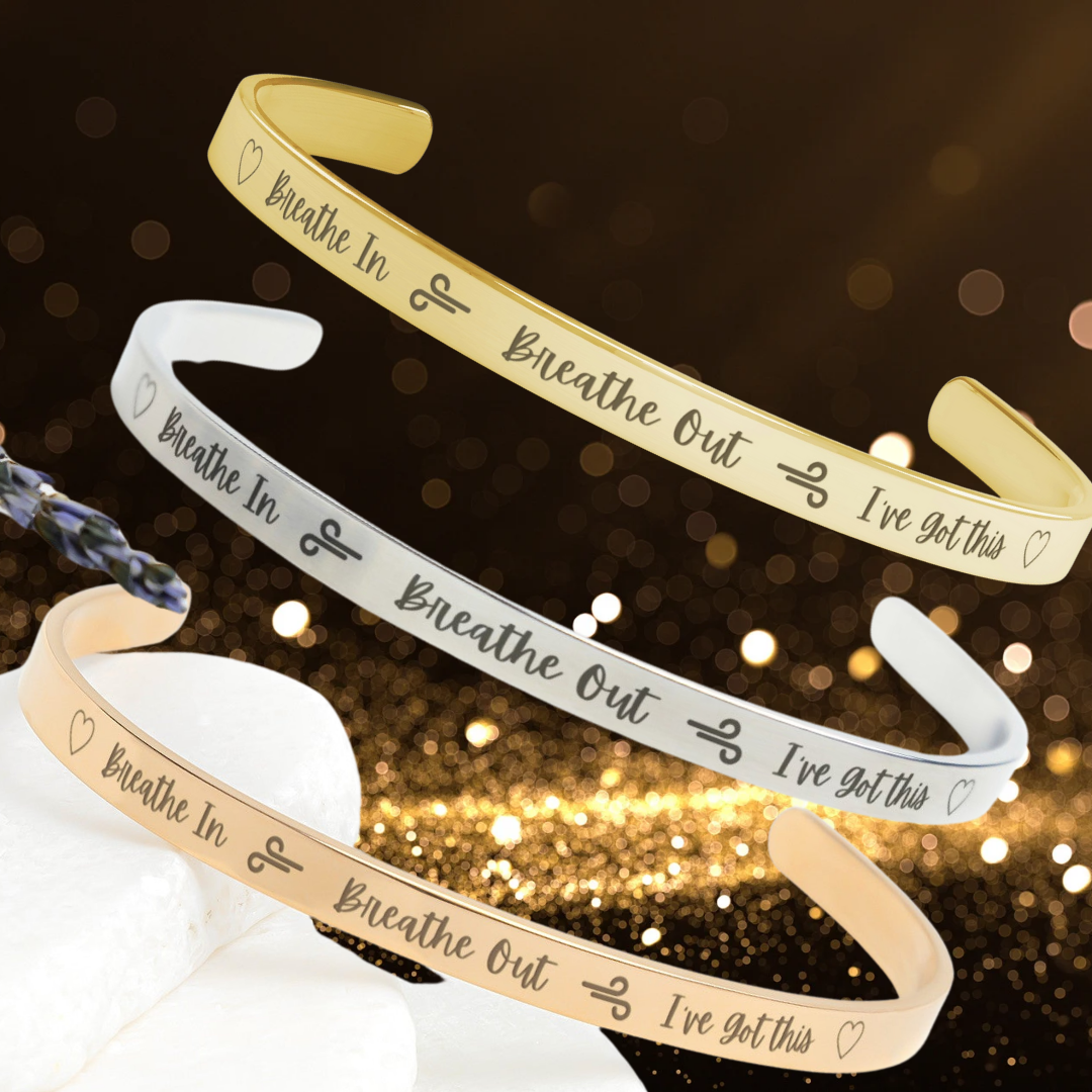 Motivational Bracelet, Breathe In, Breathe Out, I've Got This Jewelry, 18K Gold, Rose Gold and Silver Plated Cuff Bracelet, Inspirational Jewelry, Graduation Gift, Hiking Gear