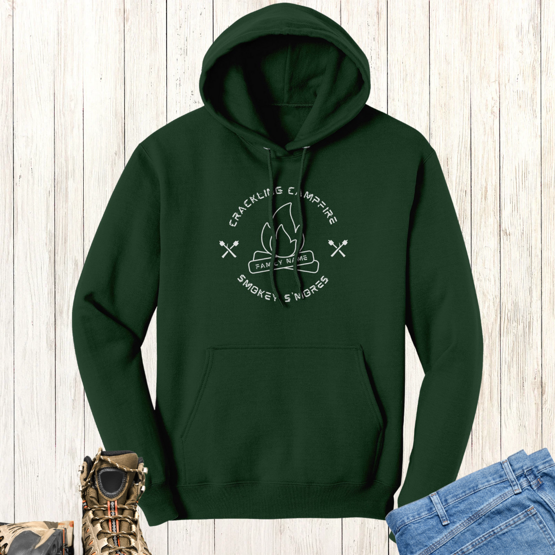 Personalized Crackling Campfire Smokey S'mores Hoodie, Camping Hoodie, Outdoors Hooded Sweatshirt, Family Camping Shirts, Gift for Campers