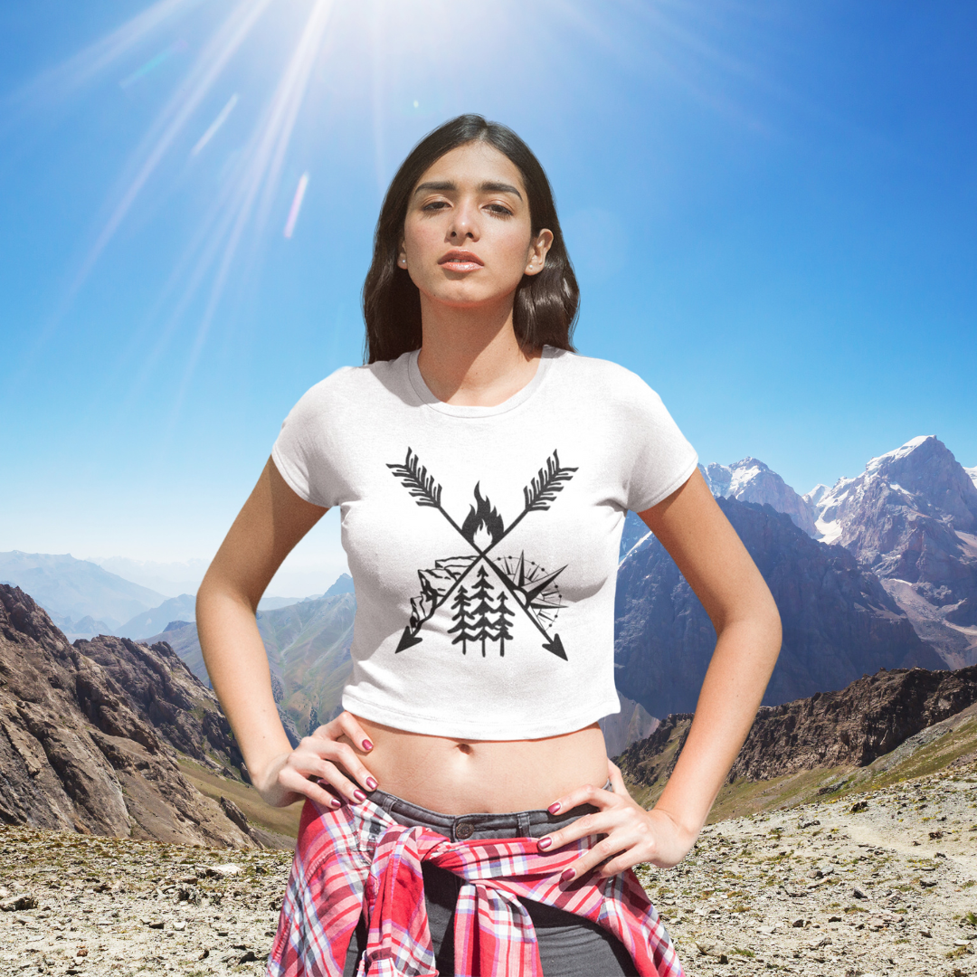 Camping Flowy Crop Tshirt, Hiking Tee, Campfire Shirt, Outdoorsy Shirt, Crossed Arrows Shirt, Mountains Shirt, Compass Shirt, Pine Tree Shirt, Road Trip Shirt, Gift for Campers