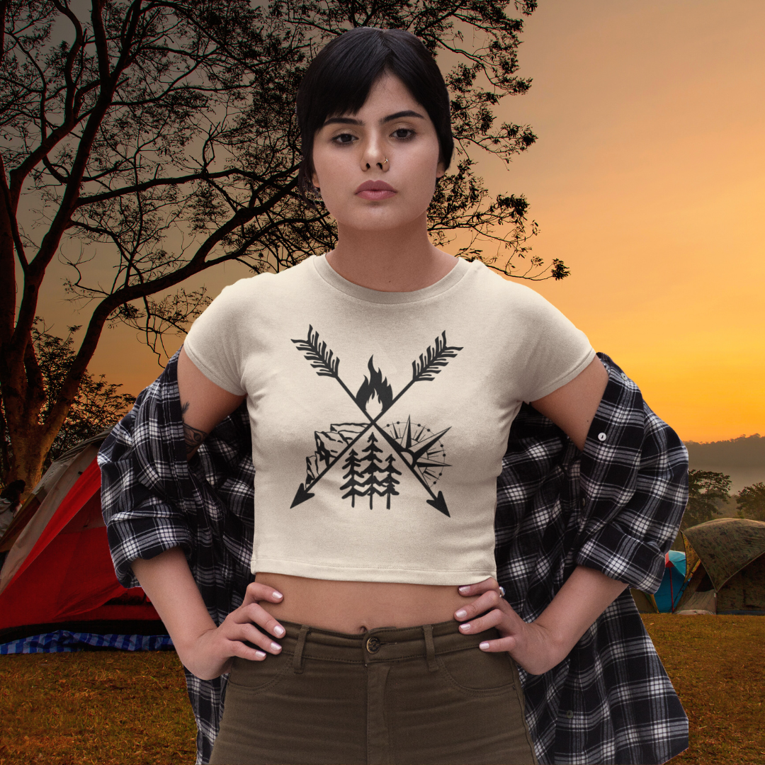 Camping Flowy Crop Tshirt, Hiking Tee, Campfire Shirt, Outdoorsy Shirt, Crossed Arrows Shirt, Mountains Shirt, Compass Shirt, Pine Tree Shirt, Road Trip Shirt, Gift for Campers