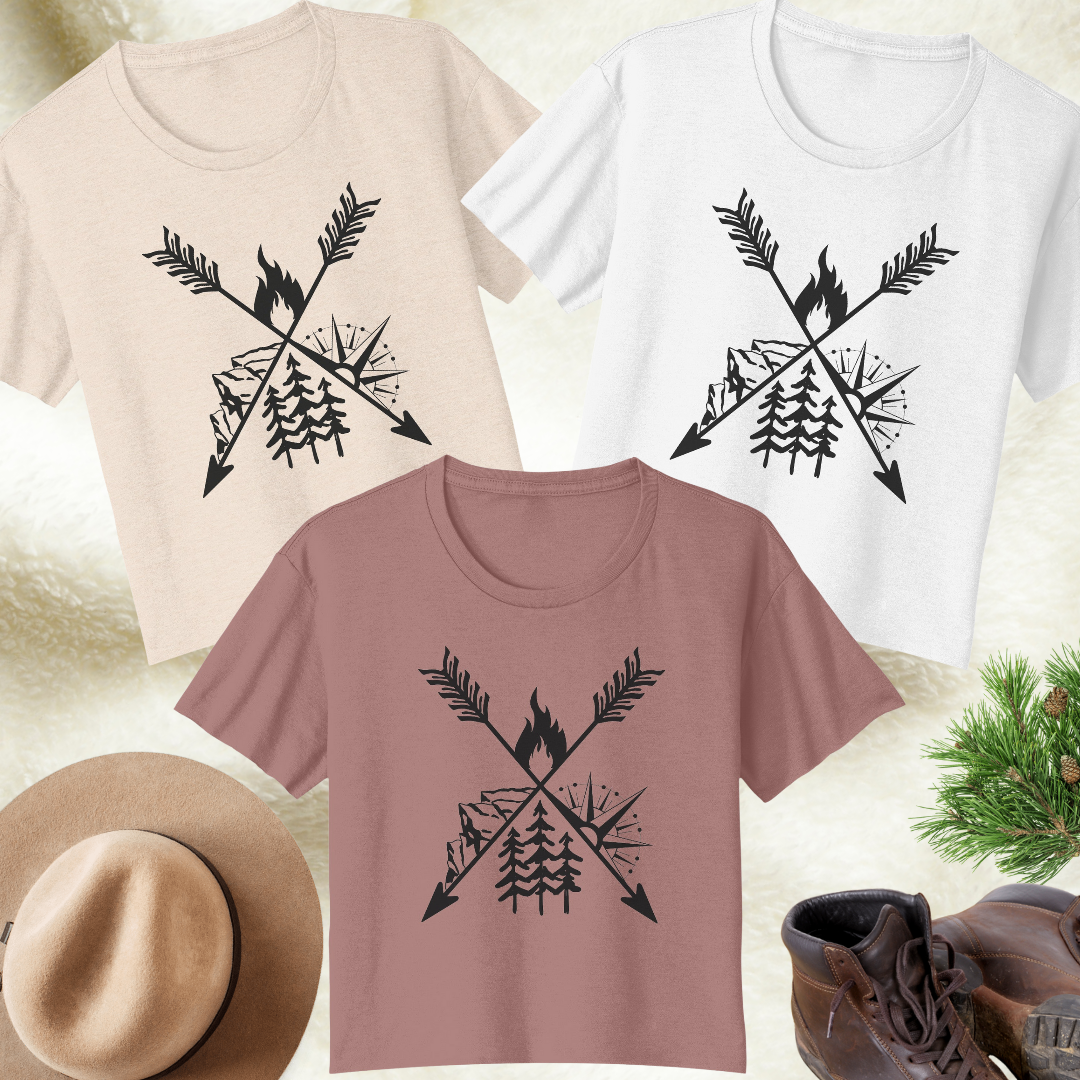 Camping Flowy Crop Tshirt, Hiking Tee, Campfire Shirt, Outdoorsy Shirt, Crossed Arrows Shirt, Mountains Shirt, Compass Shirt, Pine Tree Shirt, Road Trip Shirt, Gift for Campers