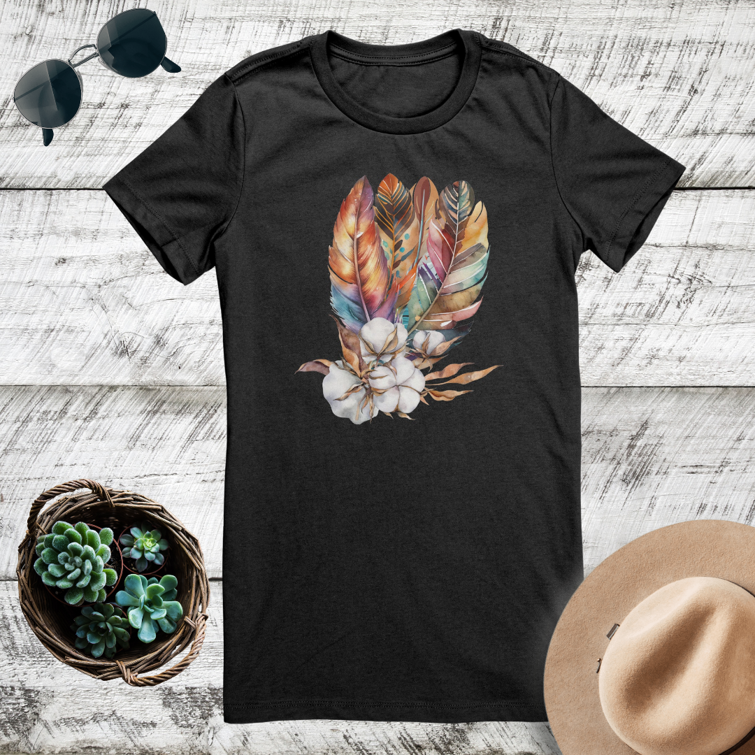 Boho Shirt, Feathered Shirt, Cotton Summer Tshirt, Spring Shirt, Cute Summer Tee, Summer Clothing, Nature Lover Tee, Gift for Her