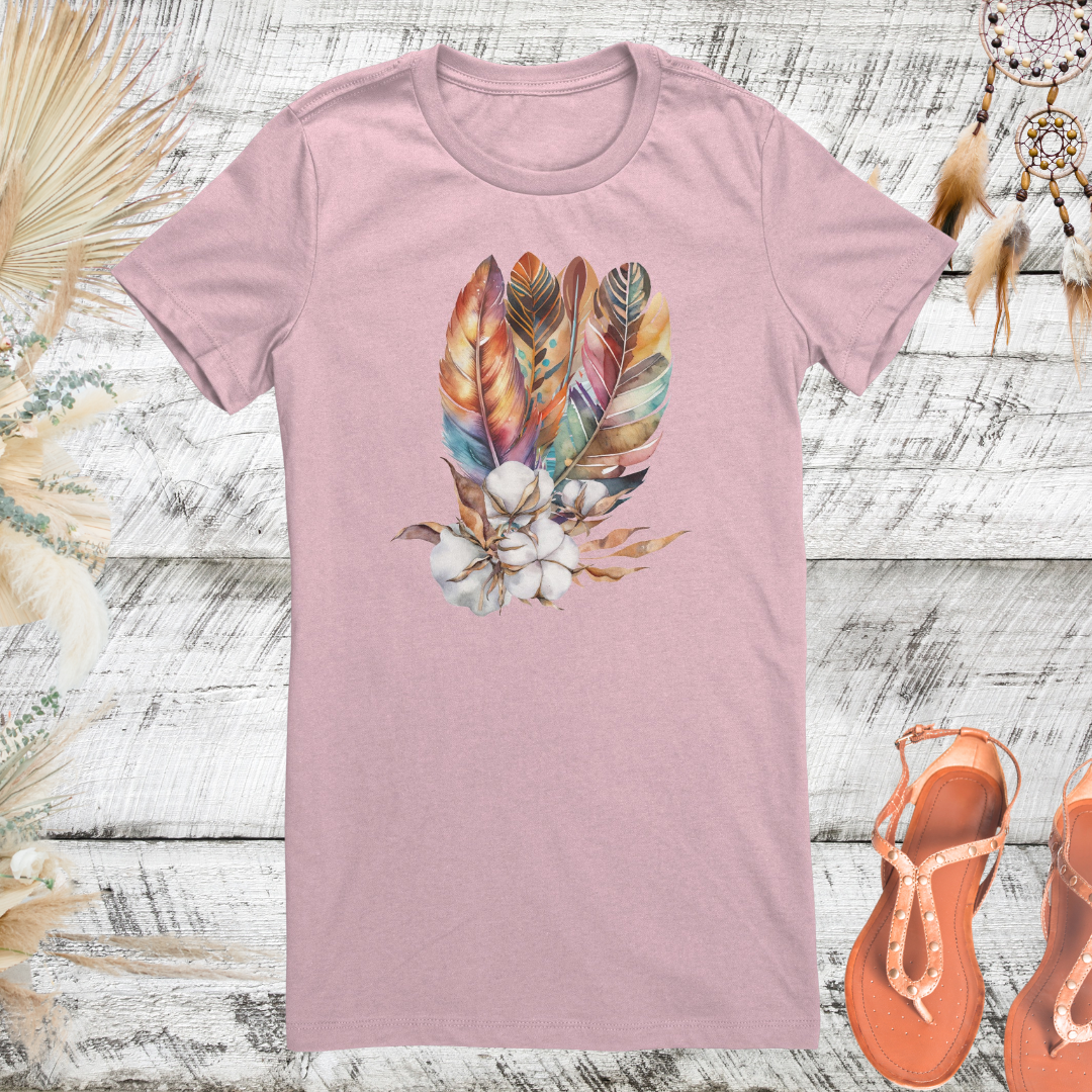 Boho Shirt, Feathered Shirt, Cotton Summer Tshirt, Spring Shirt, Cute Summer Tee, Summer Clothing, Nature Lover Tee, Gift for Her