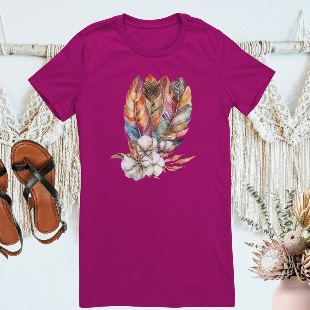 Boho Shirt, Feathered Shirt, Cotton Summer Tshirt, Spring Shirt, Cute Summer Tee, Summer Clothing, Nature Lover Tee, Gift for Her