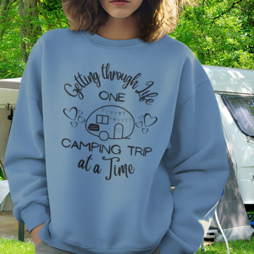 Getting through Life One Camping Trip at a Time Fall Sweatshirt, Road Trip Sweater, Funny Camper/Caravan RV Sweater Gift for Her