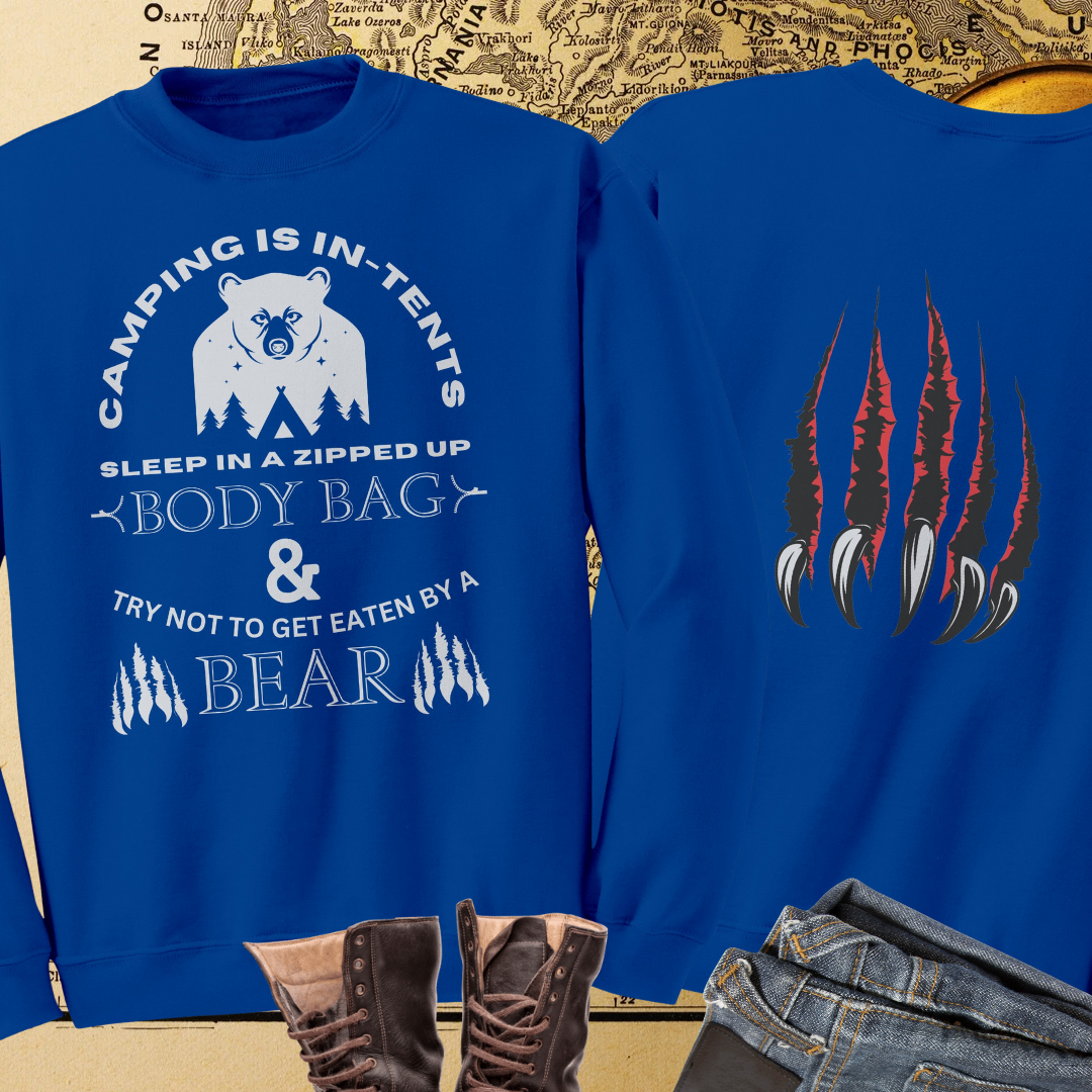 Camping Sweatshirt, Camping is In-Tents Camp Sweater, Hiking Gear, Adventure Gift, Nature Lover, Funny Bear Camp Shirt, Unisex Back Print