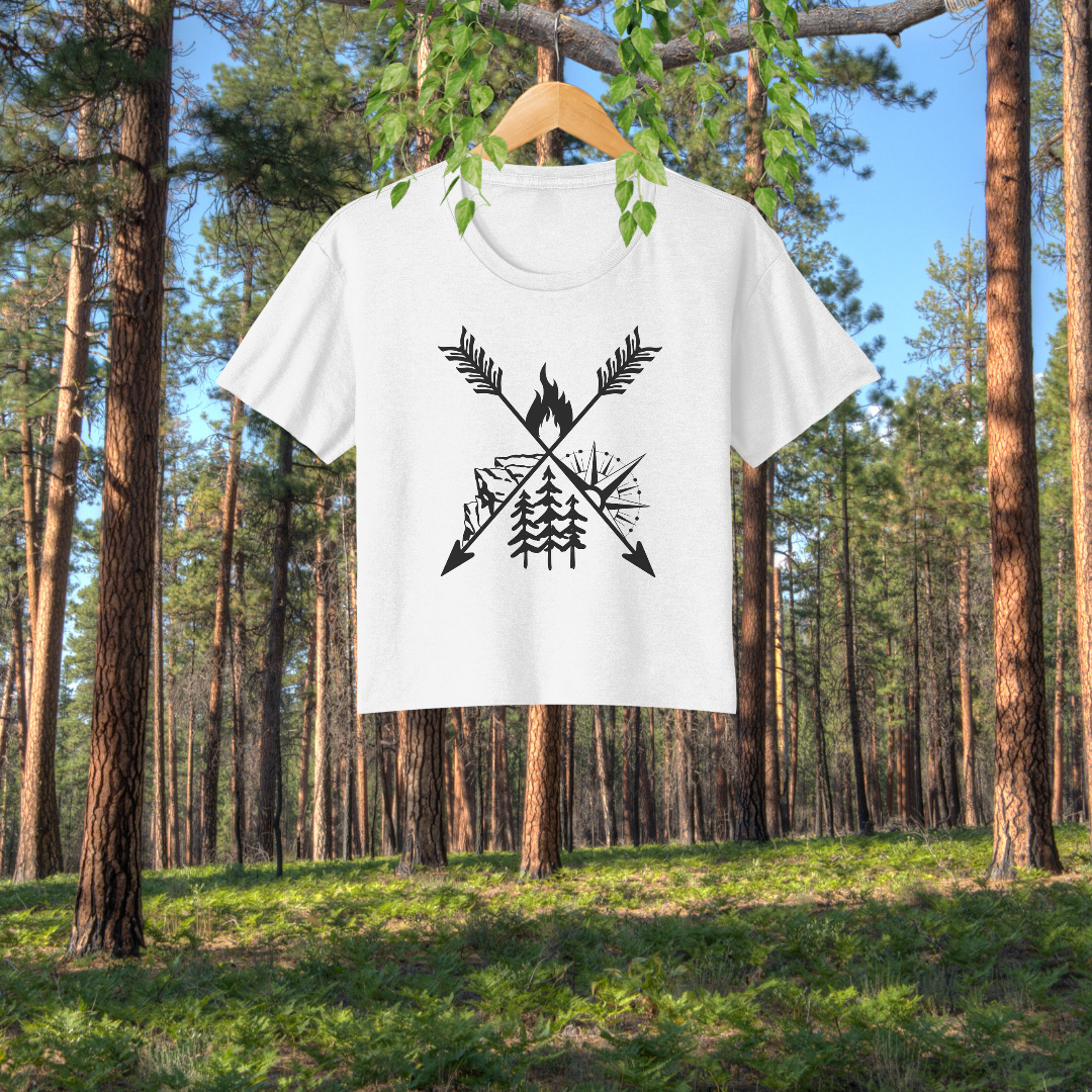 Camping Flowy Crop Tshirt, Hiking Tee, Campfire Shirt, Outdoorsy Shirt, Crossed Arrows Shirt, Mountains Shirt, Compass Shirt, Pine Tree Shirt, Road Trip Shirt, Gift for Campers