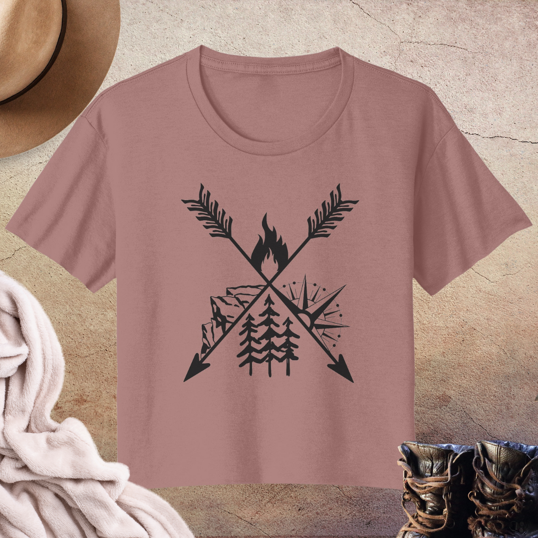 Camping Flowy Crop Tshirt, Hiking Tee, Campfire Shirt, Outdoorsy Shirt, Crossed Arrows Shirt, Mountains Shirt, Compass Shirt, Pine Tree Shirt, Road Trip Shirt, Gift for Campers