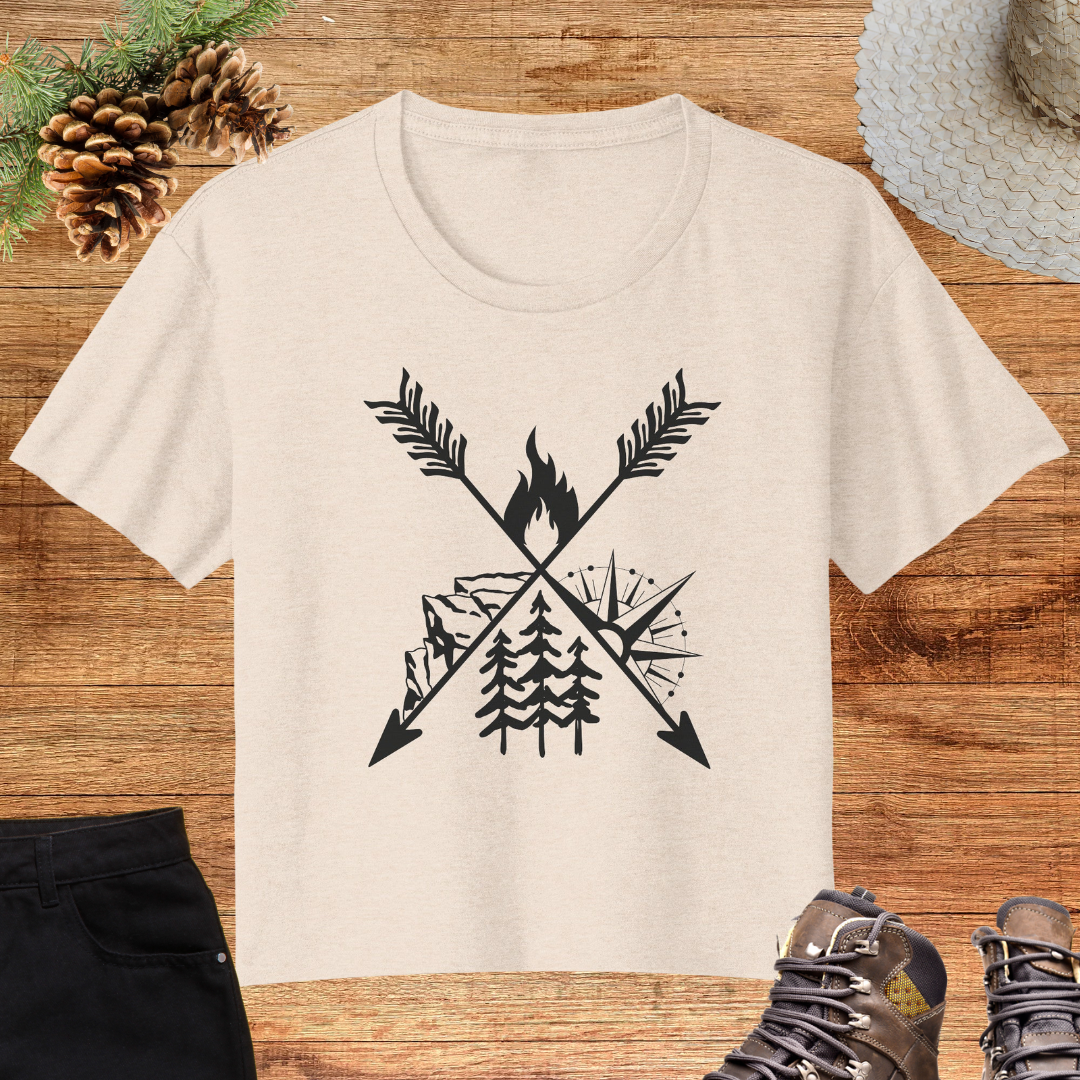 Camping Flowy Crop Tshirt, Hiking Tee, Campfire Shirt, Outdoorsy Shirt, Crossed Arrows Shirt, Mountains Shirt, Compass Shirt, Pine Tree Shirt, Road Trip Shirt, Gift for Campers