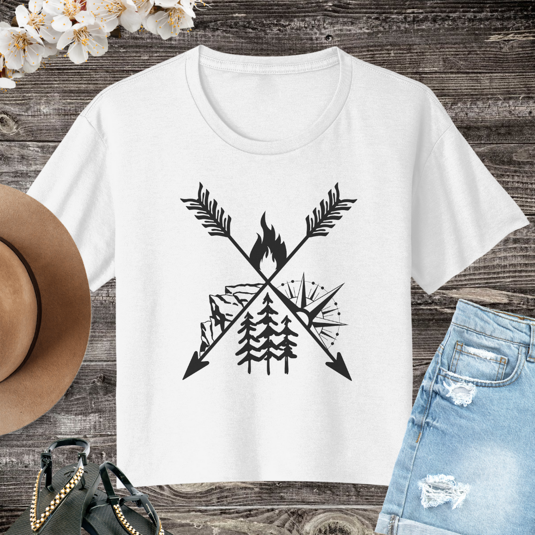 Camping Flowy Crop Tshirt, Hiking Tee, Campfire Shirt, Outdoorsy Shirt, Crossed Arrows Shirt, Mountains Shirt, Compass Shirt, Pine Tree Shirt, Road Trip Shirt, Gift for Campers