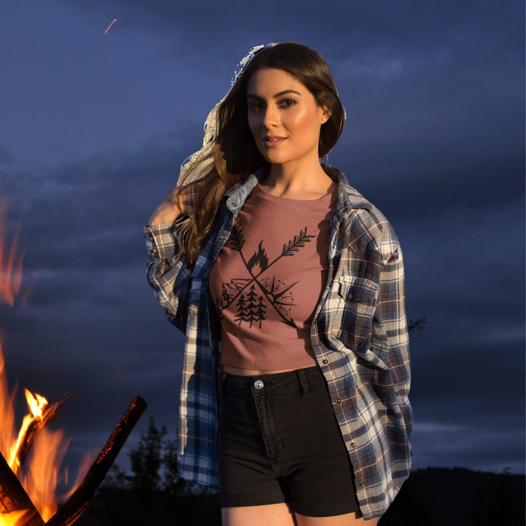 Camping Flowy Crop Tshirt, Hiking Tee, Campfire Shirt, Outdoorsy Shirt, Crossed Arrows Shirt, Mountains Shirt, Compass Shirt, Pine Tree Shirt, Road Trip Shirt, Gift for Campers