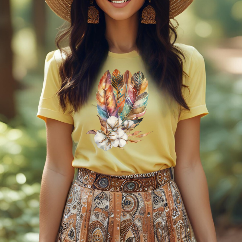 Boho Shirt, Feathered Shirt, Cotton Summer Tshirt, Spring Shirt, Cute Summer Tee, Summer Clothing, Nature Lover Tee, Gift for Her