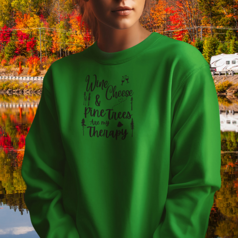 Camping Therapy Sweatshirt, Funny Camping Sweater, Wine and Cheese Sweatshirt, Outdoorsy Sweatshirt, Pine Trees Sweater, Forest Sweater, Nature Lover Gift, Gift for Campers