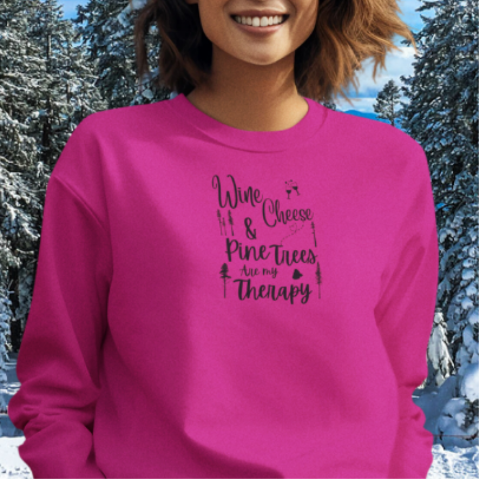 Camping Therapy Sweatshirt, Funny Camping Sweater, Wine and Cheese Sweatshirt, Outdoorsy Sweatshirt, Pine Trees Sweater, Forest Sweater, Nature Lover Gift, Gift for Campers