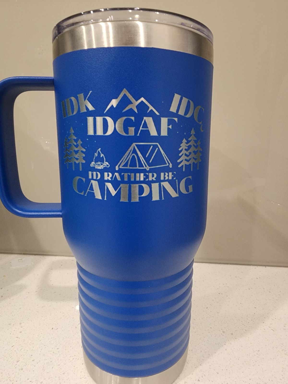 Travel Tumbler - IDK, IDC, IDGAF, I'd Rather be Camping, Camping Gear, RV Accessories, Funny Gift for Camper