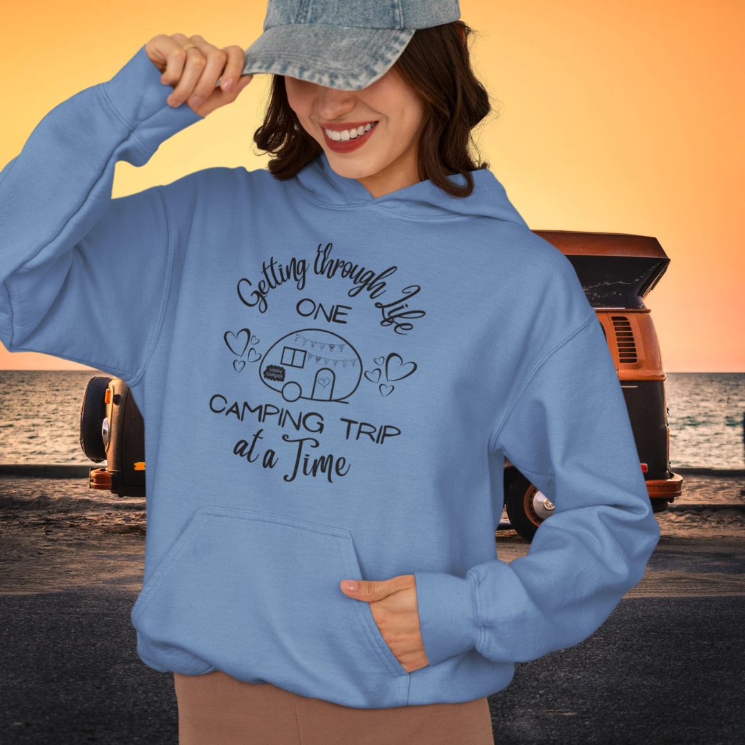 Getting through Life One Camping Trip at a Time Funny Hooded Sweatshirt, Camp Hoodie, Caravan RV Hoodie, Family Camping Shirts, Gift for Campers