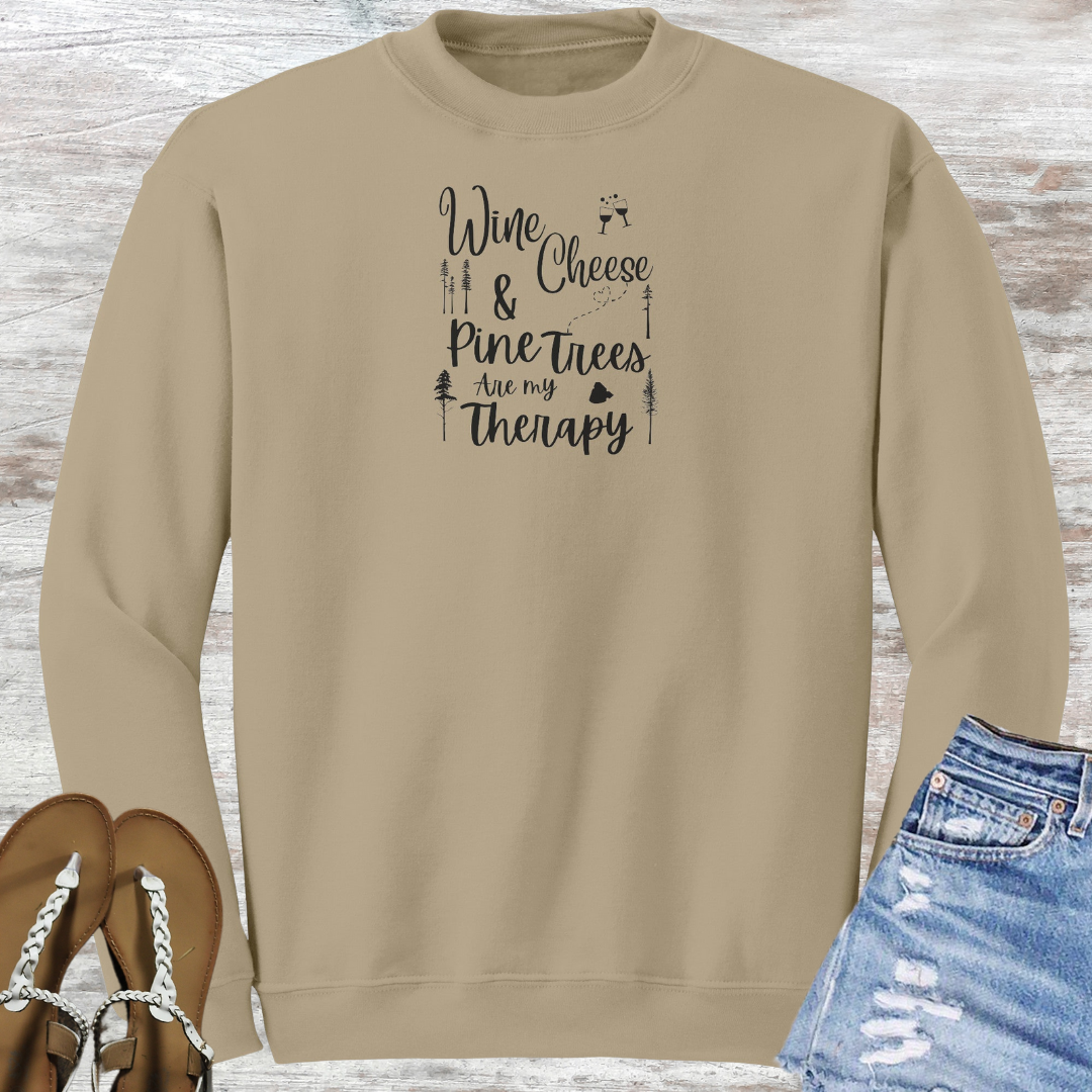 Camping Therapy Sweatshirt, Funny Camping Sweater, Wine and Cheese Sweatshirt, Outdoorsy Sweatshirt, Pine Trees Sweater, Forest Sweater, Nature Lover Gift, Gift for Campers