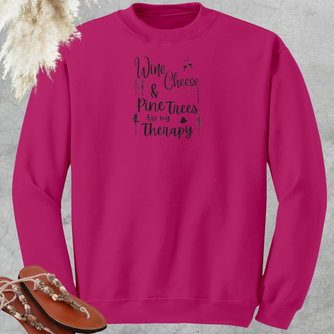 Camping Therapy Sweatshirt, Funny Camping Sweater, Wine and Cheese Sweatshirt, Outdoorsy Sweatshirt, Pine Trees Sweater, Forest Sweater, Nature Lover Gift, Gift for Campers