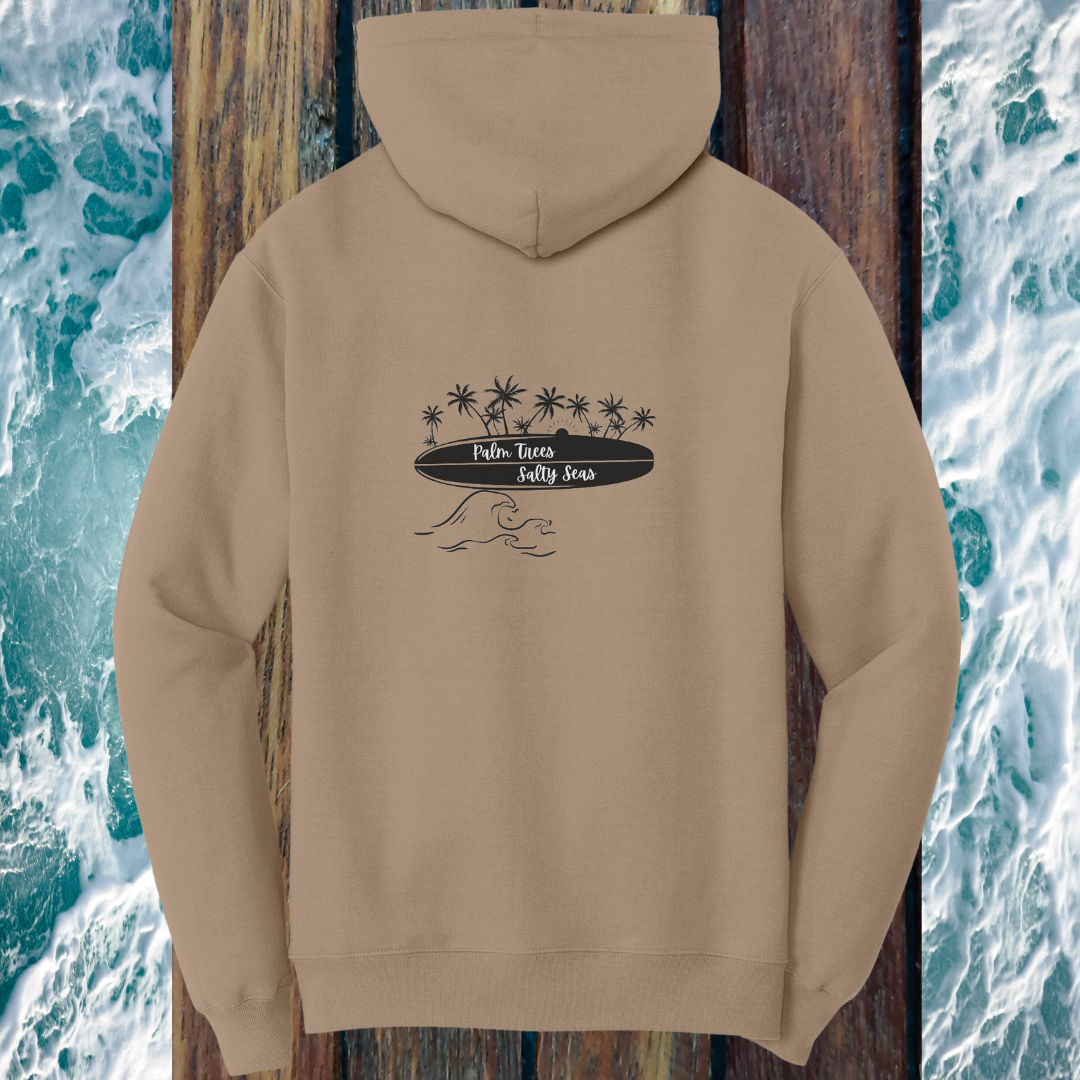 Palm Trees Salty Seas Hoodie, Beach Lover Hooded Sweatshirt, Surf Hoodie, Surf Apparel, Surfboard Clothing, Gift for Surfer