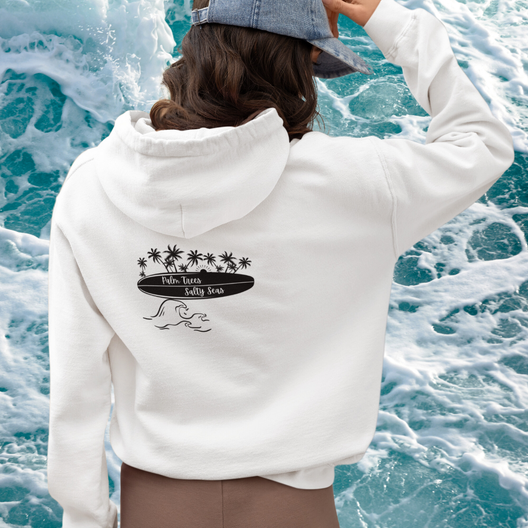 Palm Trees Salty Seas Hoodie, Beach Lover Hooded Sweatshirt, Surf Hoodie, Surf Apparel, Surfboard Clothing, Gift for Surfer