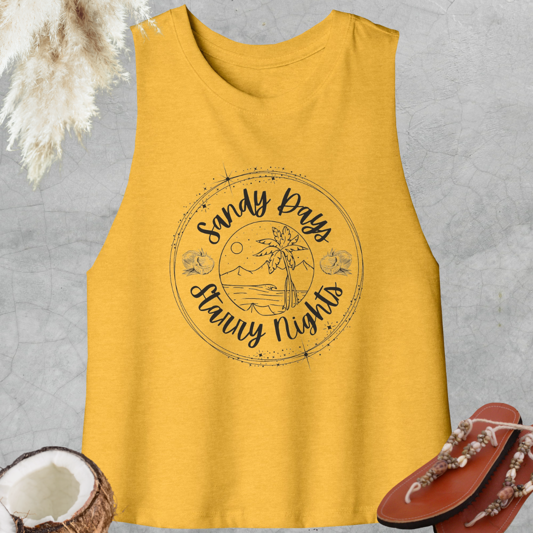 Sandy Days Starry Nights Racerback Cropped Tank, Cute Beach Lover Crop Top, Palm Trees Shirt, Summer Shirt, Surf Tank Top, Gift for Surfer