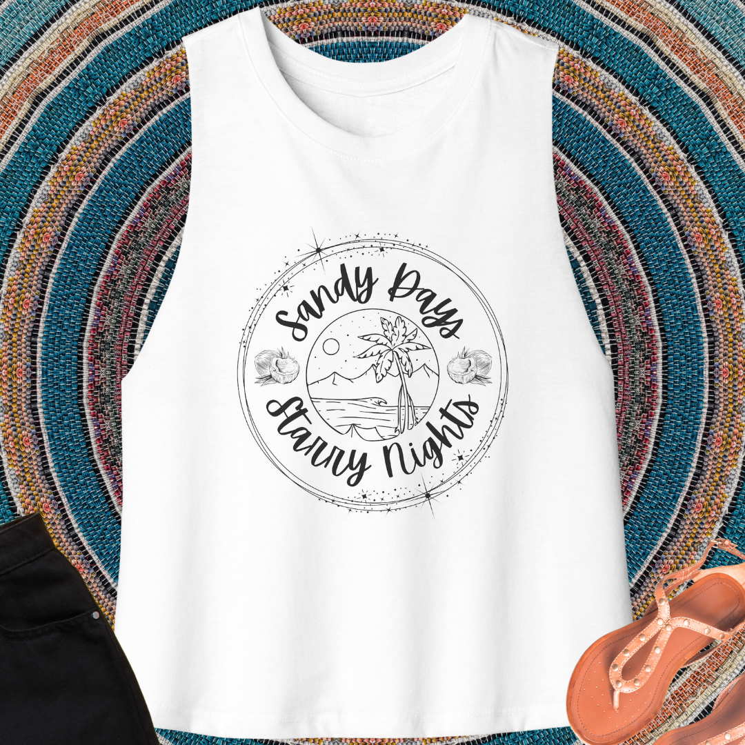 Sandy Days Starry Nights Racerback Cropped Tank, Cute Beach Lover Crop Top, Palm Trees Shirt, Summer Shirt, Surf Tank Top, Gift for Surfer