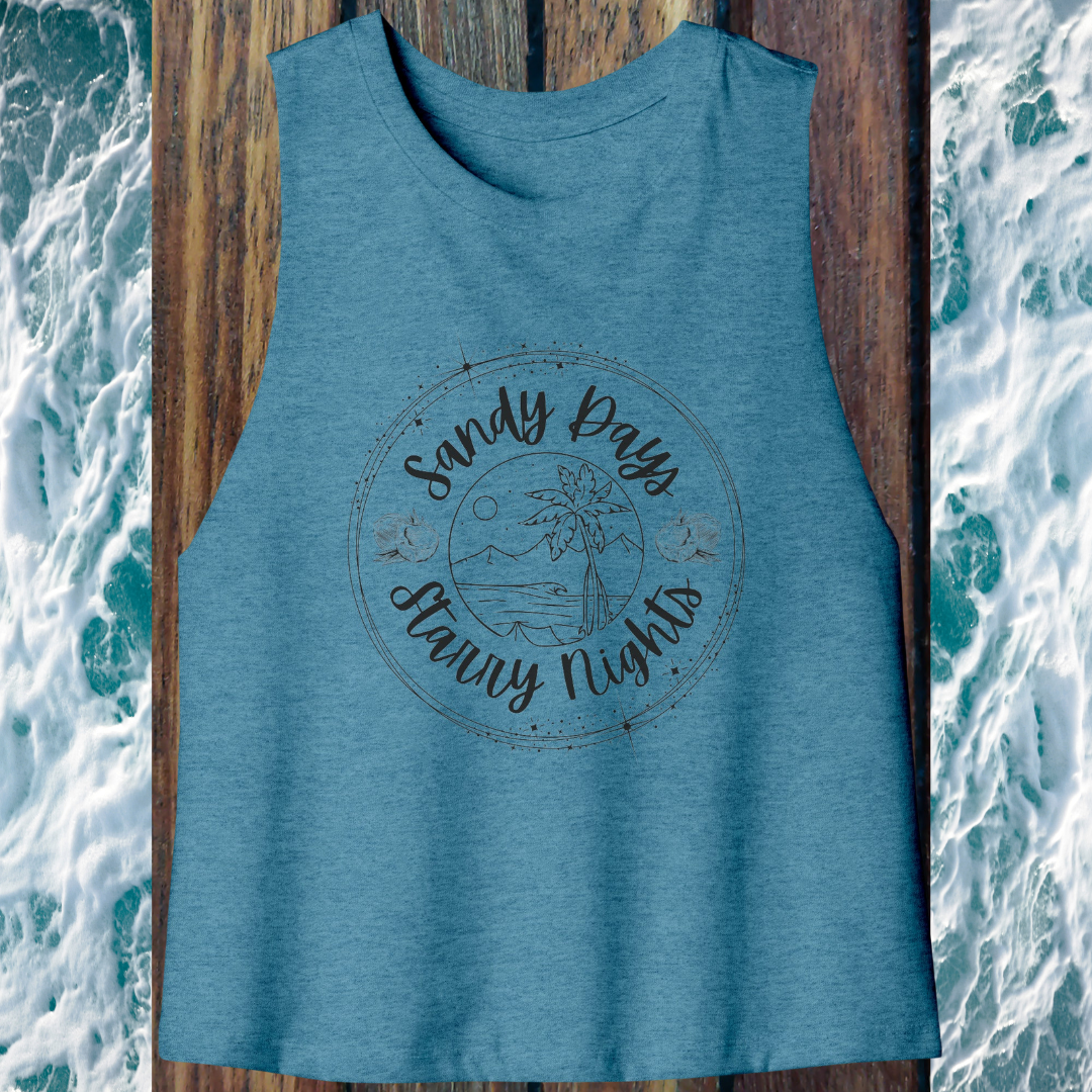 Sandy Days Starry Nights Racerback Cropped Tank, Cute Beach Lover Crop Top, Palm Trees Shirt, Summer Shirt, Surf Tank Top, Gift for Surfer