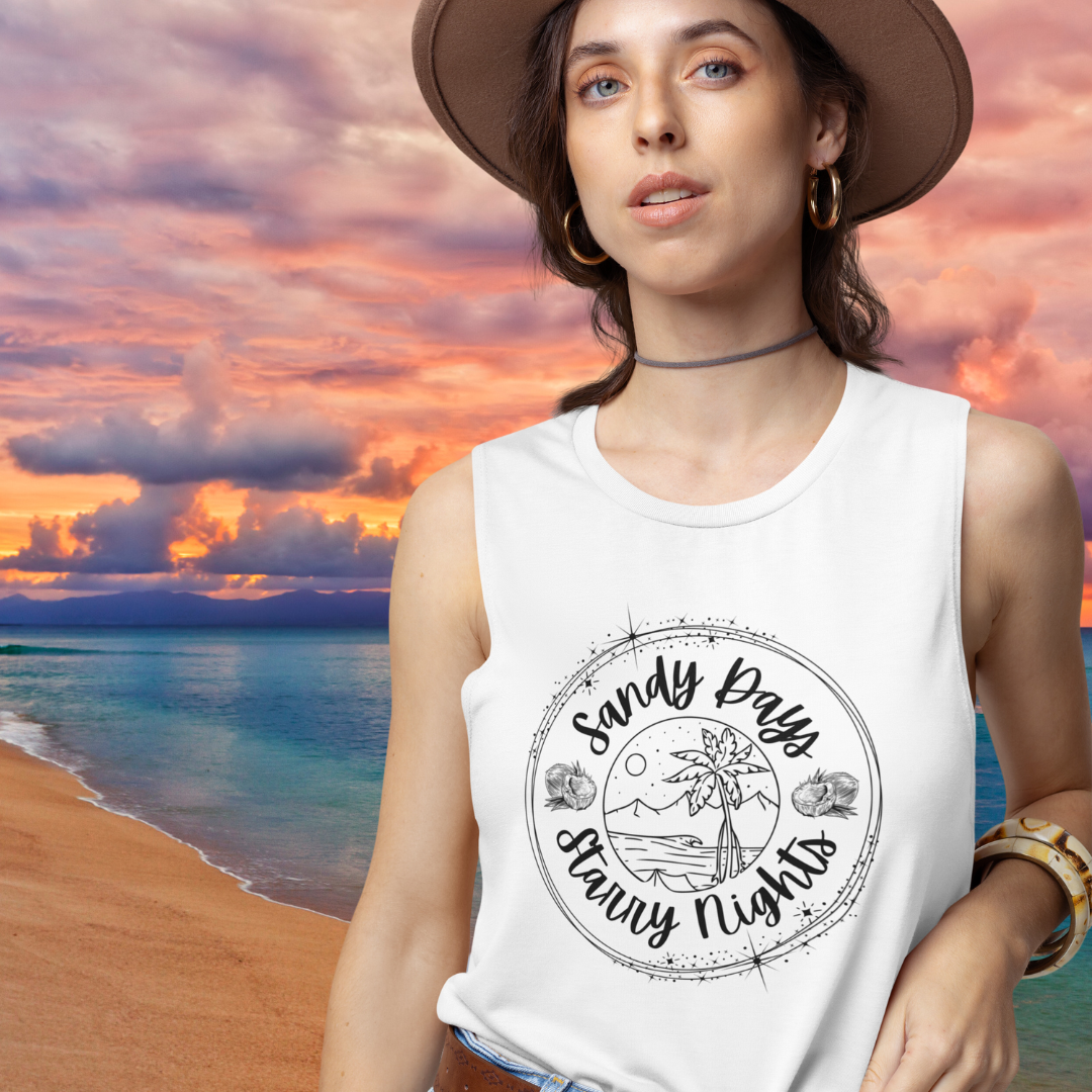 Sandy Days Starry Nights Racerback Cropped Tank, Cute Beach Lover Crop Top, Palm Trees Shirt, Summer Shirt, Surf Tank Top, Gift for Surfer