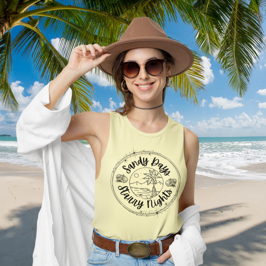 Sandy Days Starry Nights Racerback Cropped Tank, Cute Beach Lover Crop Top, Palm Trees Shirt, Summer Shirt, Surf Tank Top, Gift for Surfer