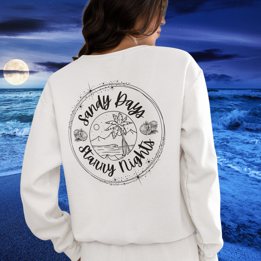 Sandy Days Starry Nights Sweatshirt (Back Print), Cute Beach Lover Sweater, Palm Trees Shirt, Summer Sweater, Surf Sweatshirt, Gift for Surfer