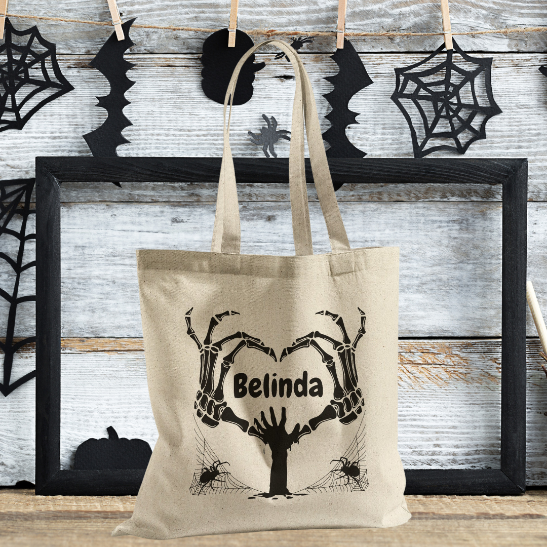 Personalized Halloween Treat Bag, Halloween Recycled Tote Bag, Halloween Party Candy Bag, Skeleton Bag, Zombie Bag, Spider Web Tote Bag, Murder Mystery Gift Bags, Gift for Goth Teen, Eco Friendly Custom Trick or Treat Bag