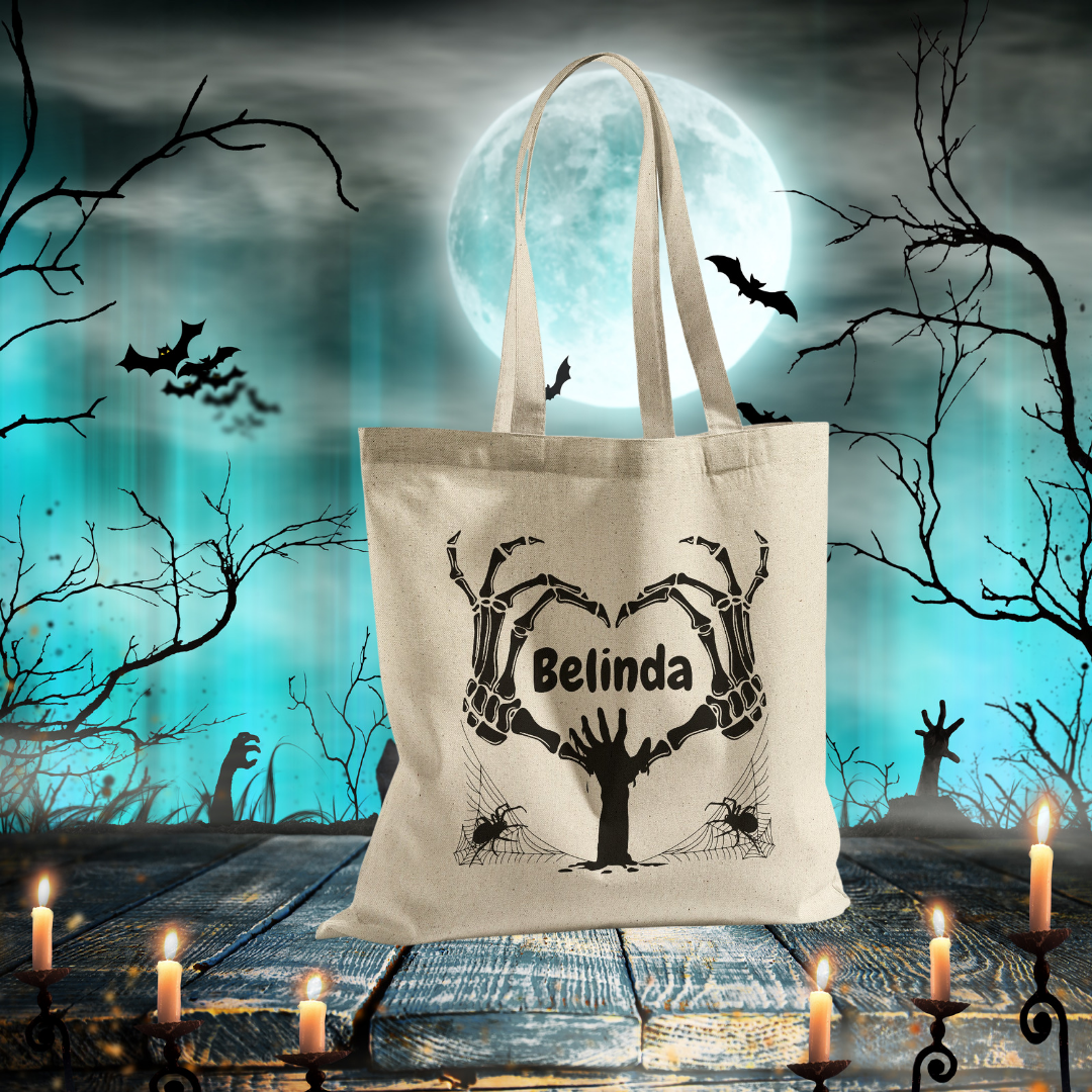 Personalized Halloween Treat Bag, Halloween Recycled Tote Bag, Halloween Party Candy Bag, Skeleton Bag, Zombie Bag, Spider Web Tote Bag, Murder Mystery Gift Bags, Gift for Goth Teen, Eco Friendly Custom Trick or Treat Bag