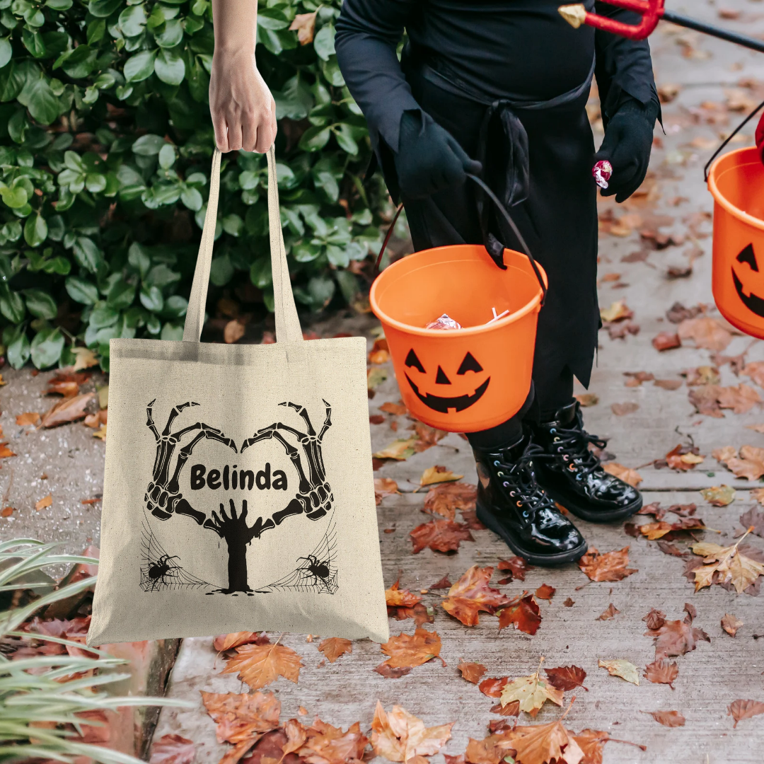 Personalized Halloween Treat Bag, Halloween Recycled Tote Bag, Halloween Party Candy Bag, Skeleton Bag, Zombie Bag, Spider Web Tote Bag, Murder Mystery Gift Bags, Gift for Goth Teen, Eco Friendly Custom Trick or Treat Bag