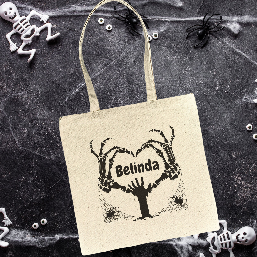 Personalized Halloween Treat Bag, Halloween Recycled Tote Bag, Halloween Party Candy Bag, Skeleton Bag, Zombie Bag, Spider Web Tote Bag, Murder Mystery Gift Bags, Gift for Goth Teen, Eco Friendly Custom Trick or Treat Bag