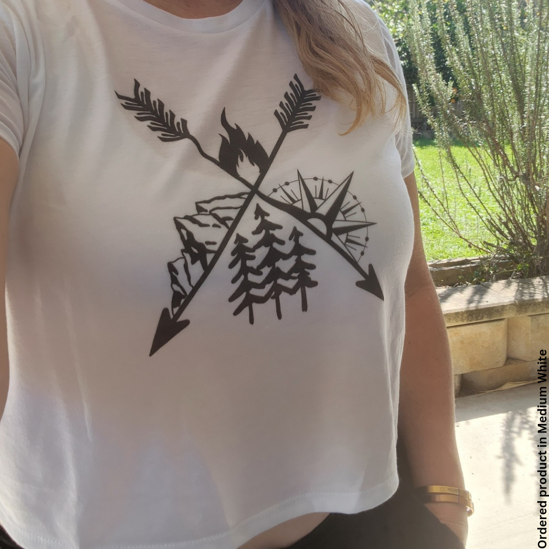 Camping Flowy Crop Tshirt, Hiking Tee, Campfire Shirt, Outdoorsy Shirt, Crossed Arrows Shirt, Mountains Shirt, Compass Shirt, Pine Tree Shirt, Road Trip Shirt, Gift for Campers