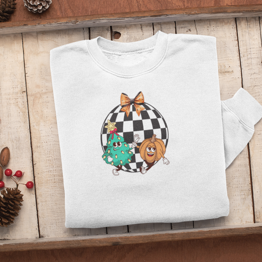 Retro Fall Pumpkin Sweatshirt, Checkered Christmas Tree Sweater, Cute Bow Autumn Sweatshirt, Gift for Fall Lover, Cute Fall Christmas Bow Sweater