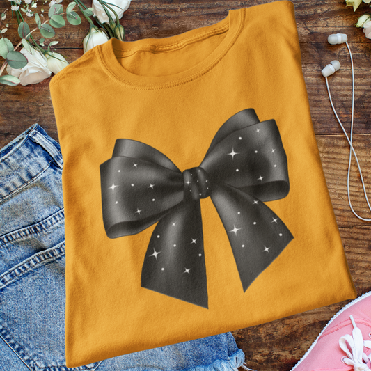 Cute Coquette Bow Tshirt, Starry Night Shirt, Graphic Bow Tshirt, Elegant Black Bow Shirt