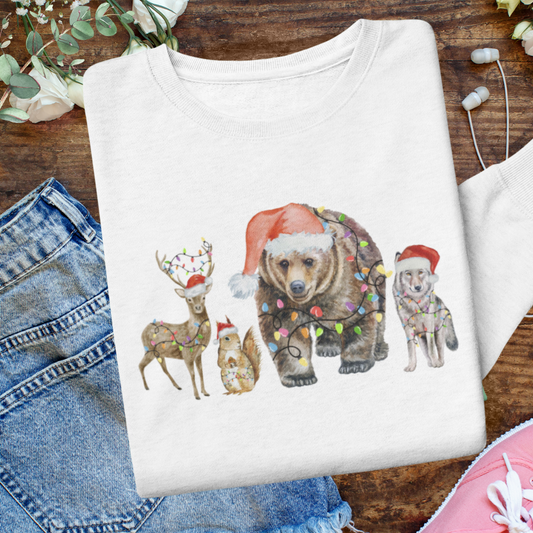 Animal Christmas Lights Sweatshirt, Merry Christmas Forest Animals Sweater, Animal Lover Xmas Shirt, Cute Cozy Christmas Crewneck Sweatshirt, Christmas Gift for Animal Lover