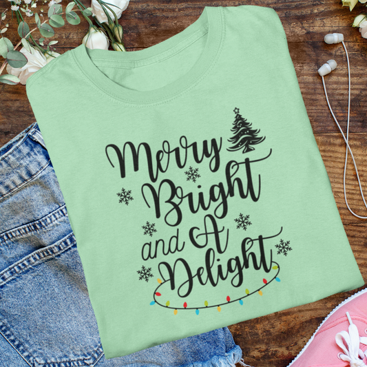 Merry and Bright Christmas Shirt, Delight Cozy TShirt, Comfy Xmas Tree Shirt, Funny Gift for Christmas Lover