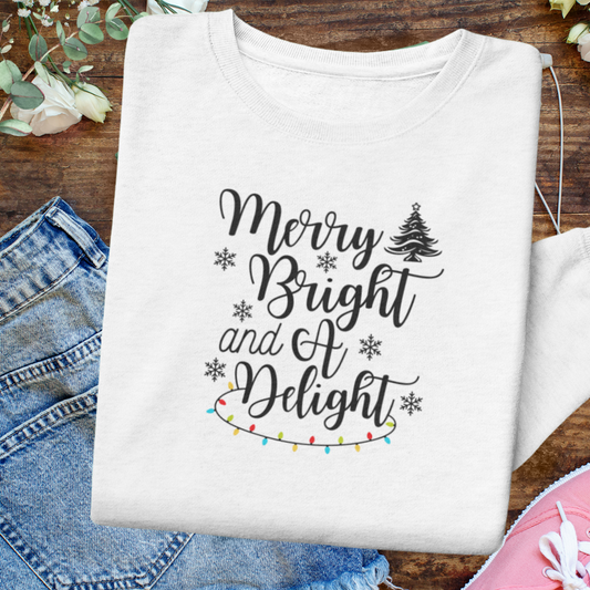 Merry and Bright Christmas Sweatshirt, Delight Cozy Sweater, Comfy Xmas Tree Sweatshirt, Family Christmas Sweatshirt, Gift for Christmas Lover