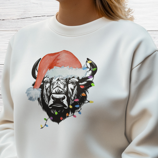 Bison Sweatshirt, Bison Christmas Crewneck Sweater, Christmas Lights Animal Sweatshirt, Gift for National Parks Camp Lover, Country Sweatshirt