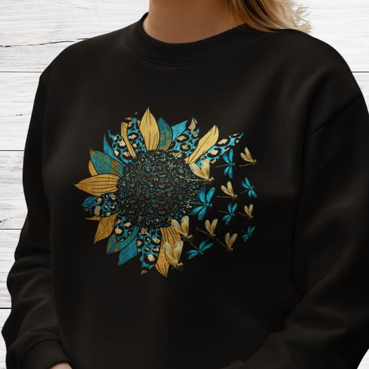 Sunflower Sweatshirt, Dragonfly Fall Sweater, Floral Leopard Print Crewneck Sweatshirt, Boho Vintage Sweatshirt, Nature Lover Gift