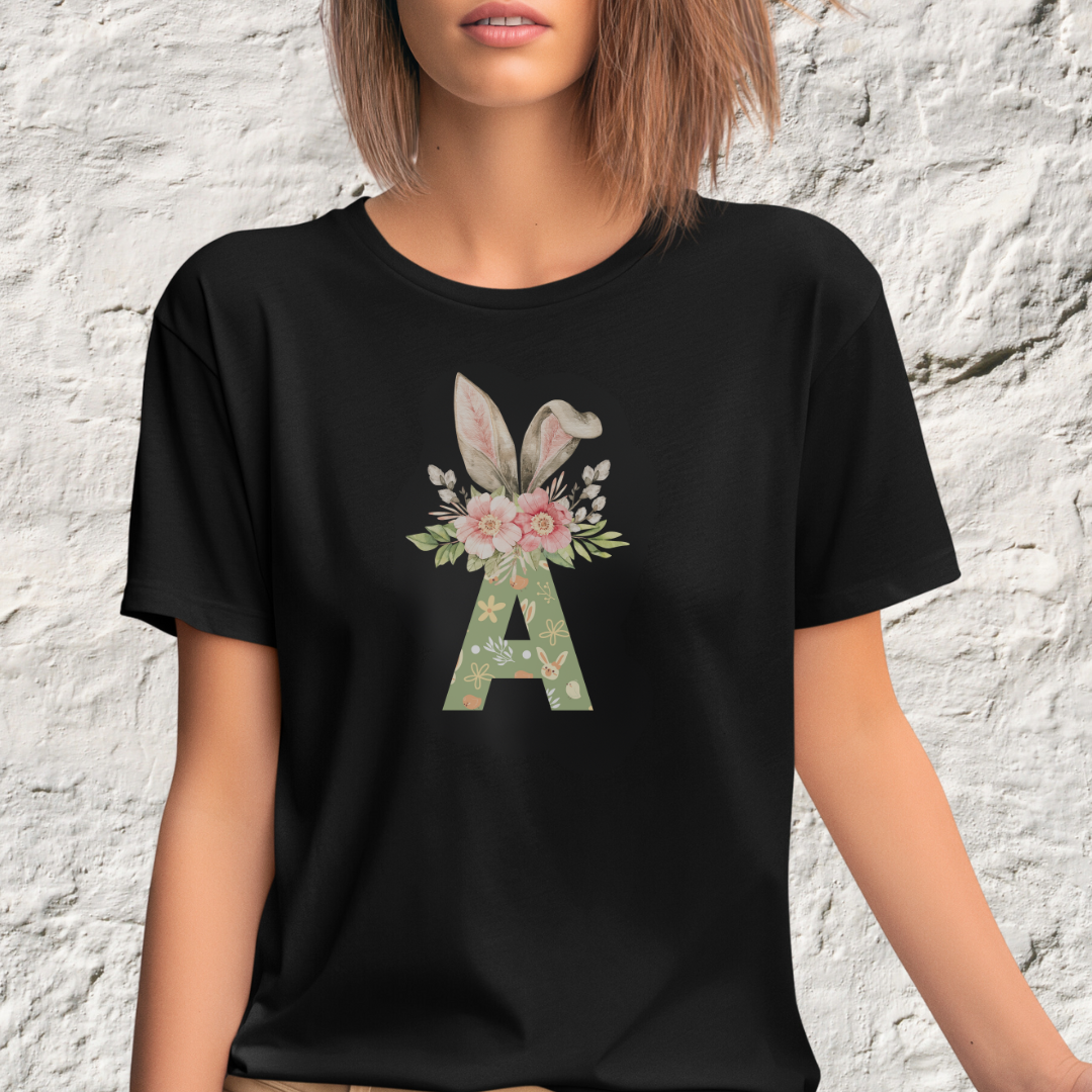 Women's Easter Bunny Shirt, Personalized Easter T-Shirt, Monogram Letter Bunny Tshirt, Easter Gift for Her