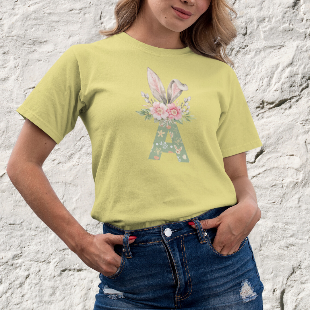 Women's Easter Bunny Shirt, Personalized Easter T-Shirt, Monogram Letter Bunny Tshirt, Easter Gift for Her